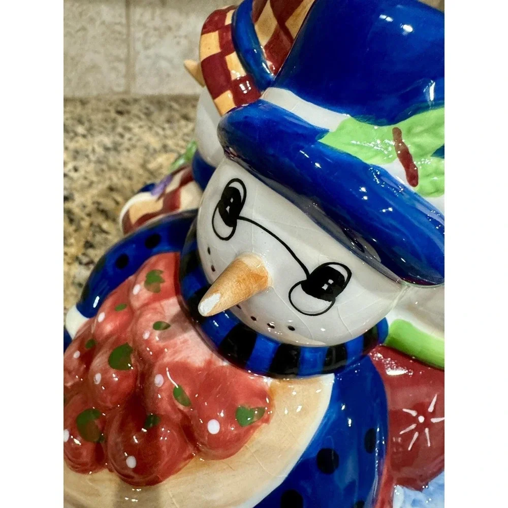 Block Snow People Cookie Jar 1999 Gear Ceramic Multi-Color‎ 4-Snowmen Holiday